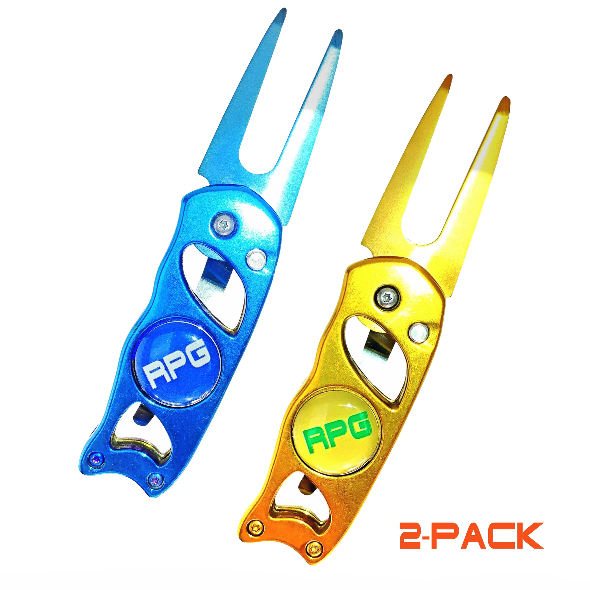 RPG Heavy Duty Stainless Steel Divot Tool-2 Pack (Blue and Gold) - RED PLANET GOLF
