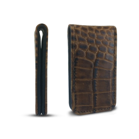 Canberra Series Exotic Crocodile Magnetic Money Clip (Brown Crocodile) - RED PLANET GOLF