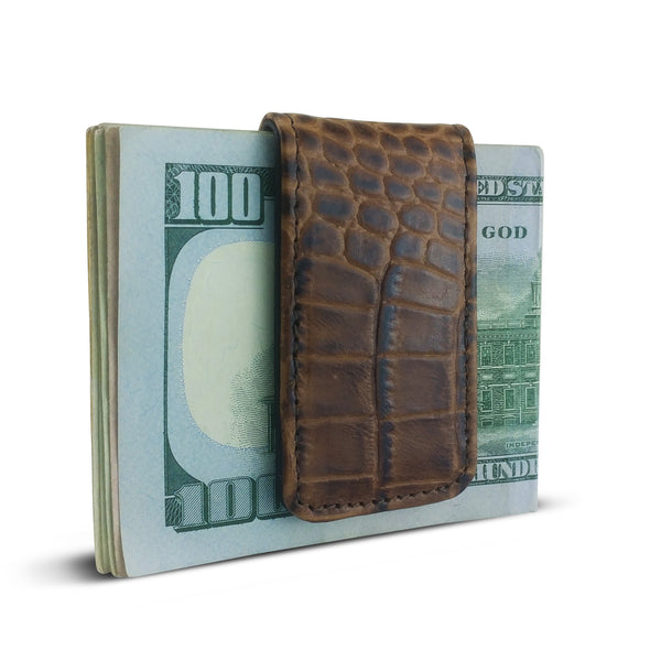 Canberra Series Exotic Crocodile Magnetic Money Clip (Brown Crocodile) - RED PLANET GOLF
